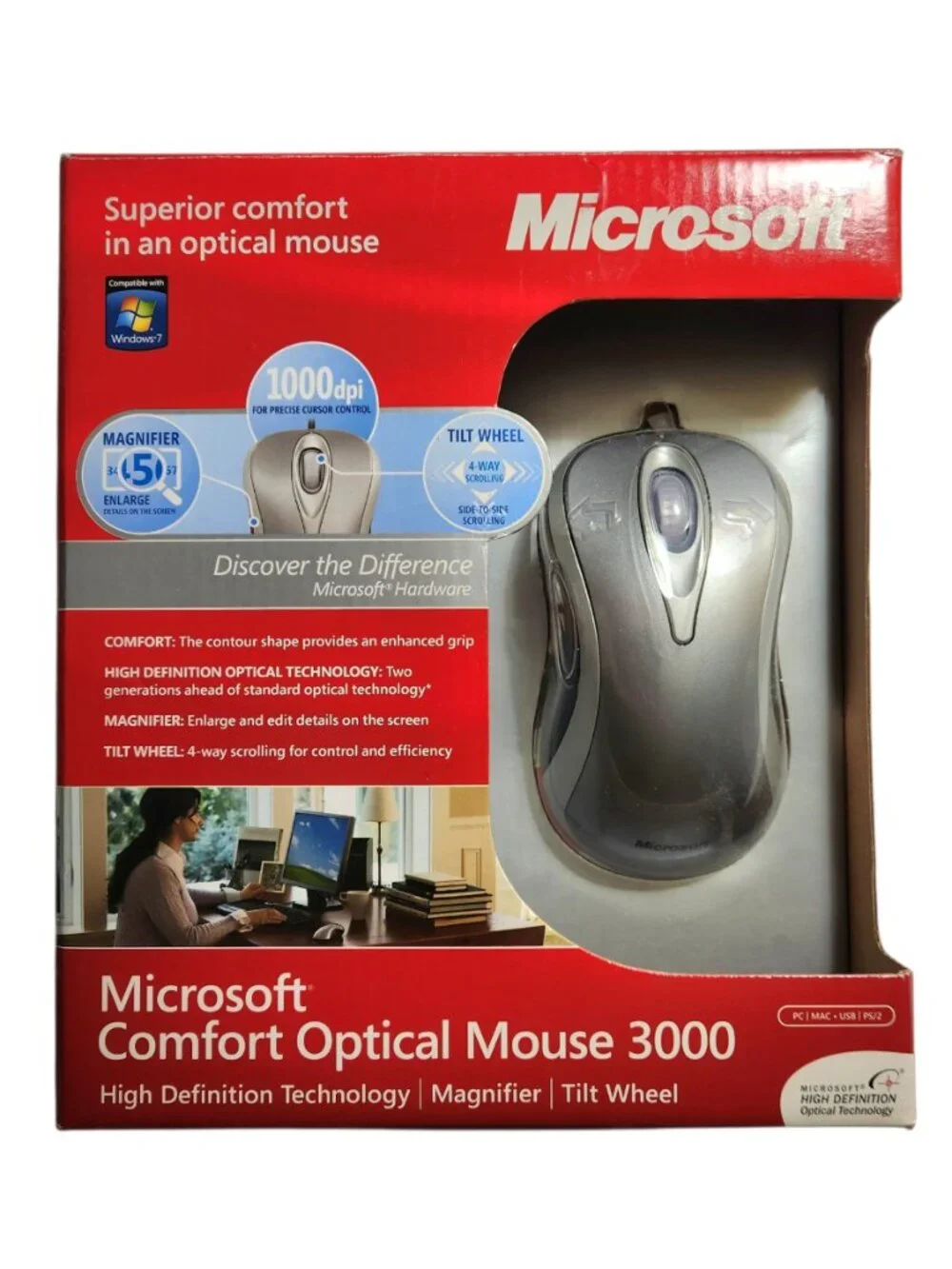 Microsoft Comfort Optical Mouse 3000 Wired 5-Button Silver Gray Black Magnifier